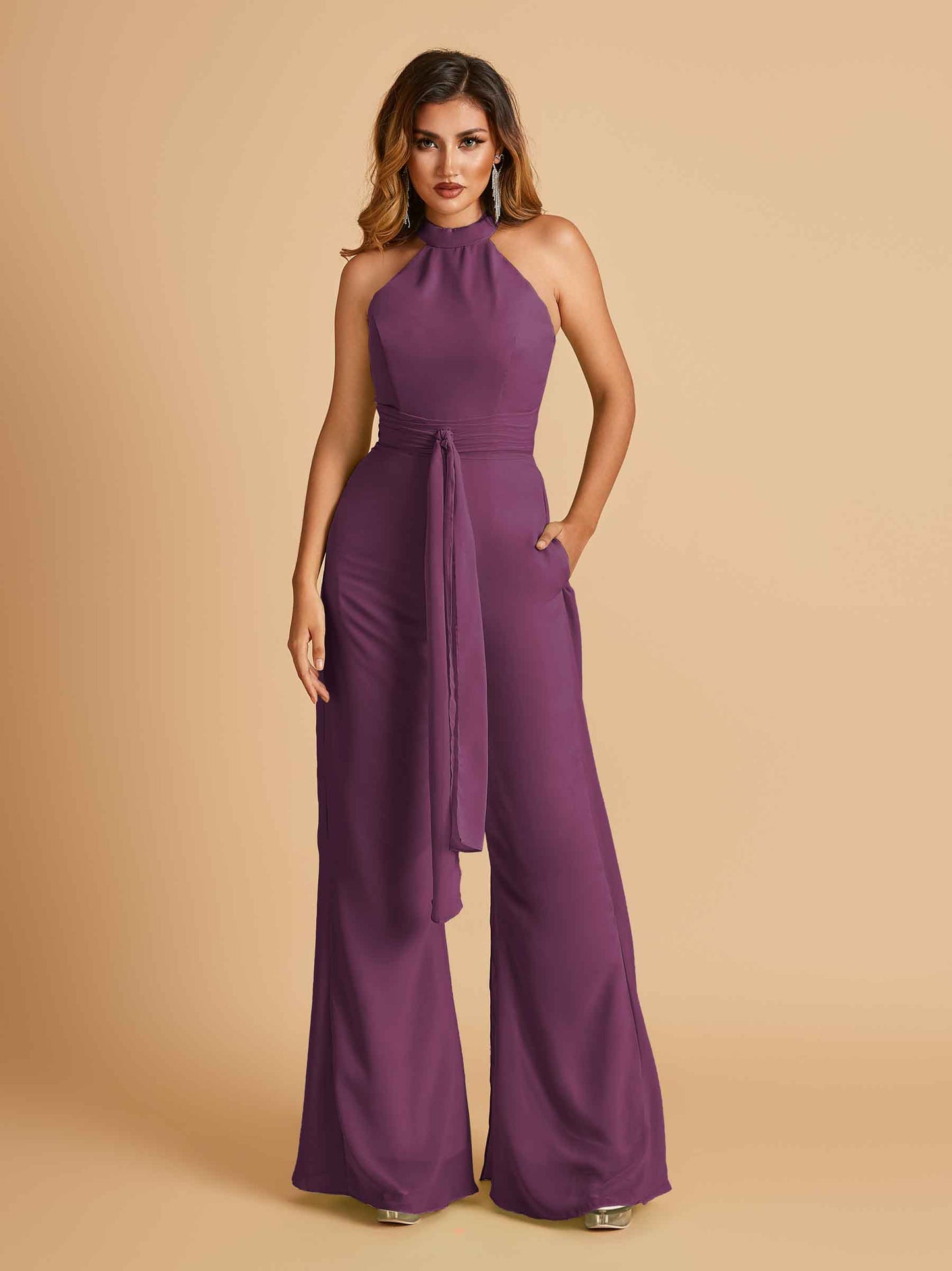 Chiffon Bridesmaid Jumpsuit Jewel Neck Sleeveless Floor Length With Pockets