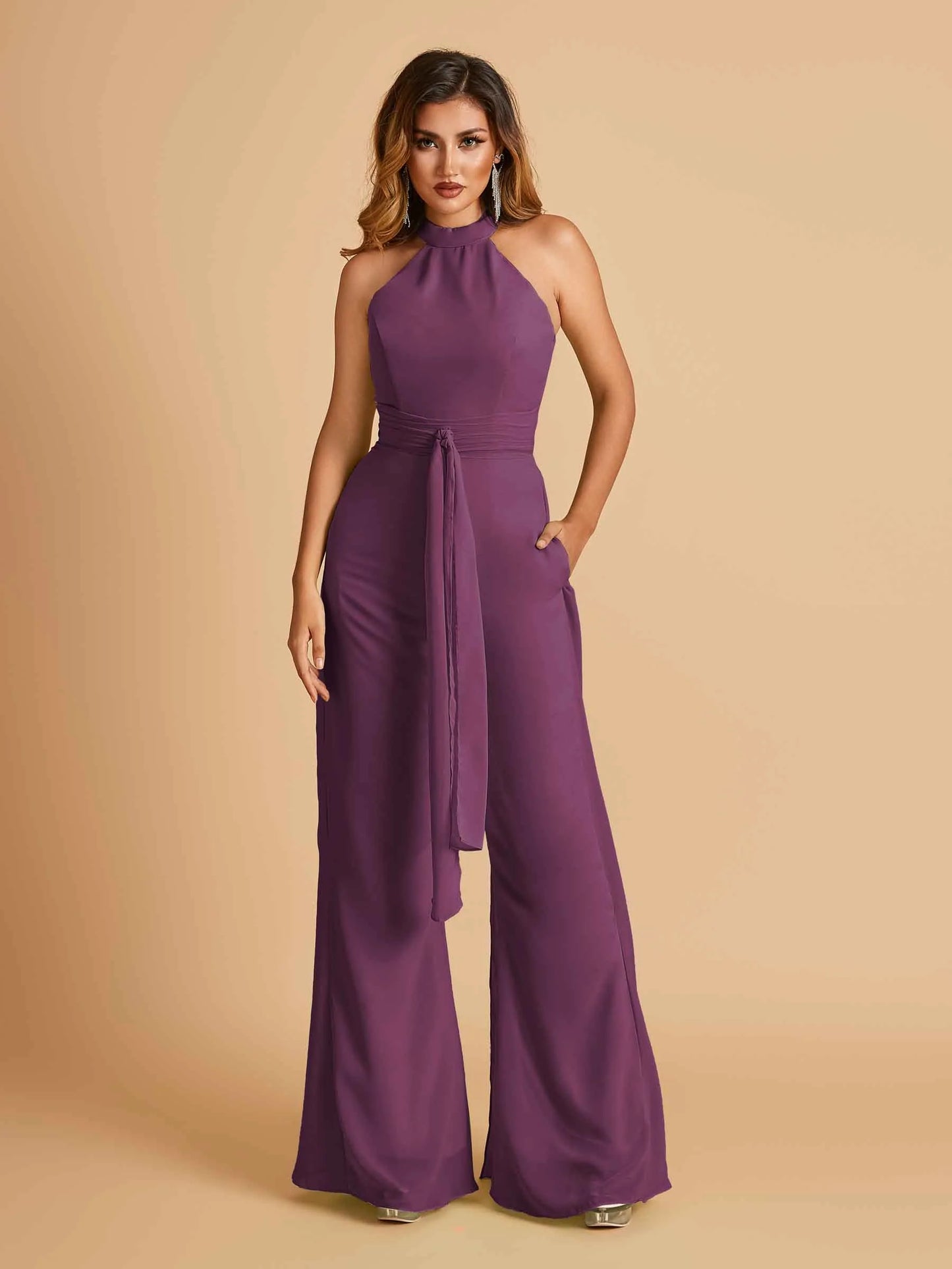 Chiffon Bridesmaid Jumpsuit Jewel Neck Sleeveless Floor Length With Pockets For Sale