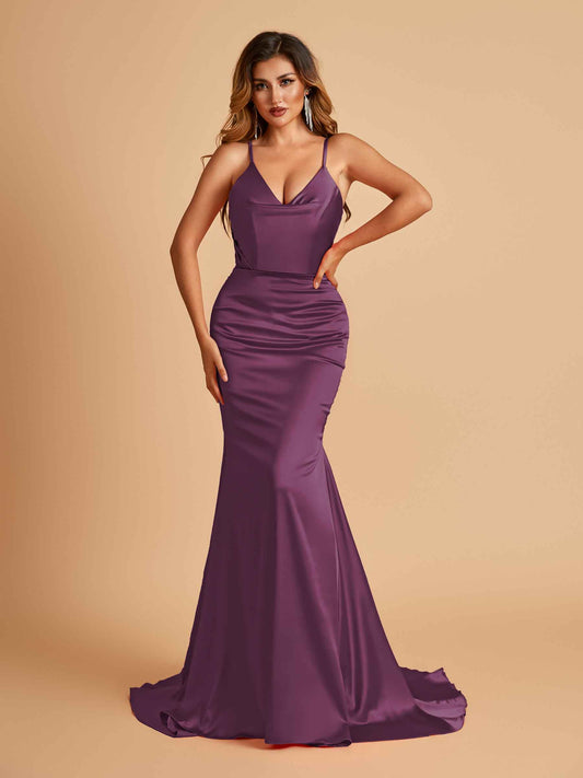 Sexy Satin Mermaid Bridesmaid Dresses Spaghetti Straps V-neck Pleats Floor Length