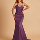 Sexy Satin Mermaid Prom Dresses Spaghetti Straps V-neck Pleats Floor Length