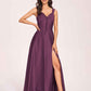 Satin V-neck A-line Prom Dresses Side slit Floor Length