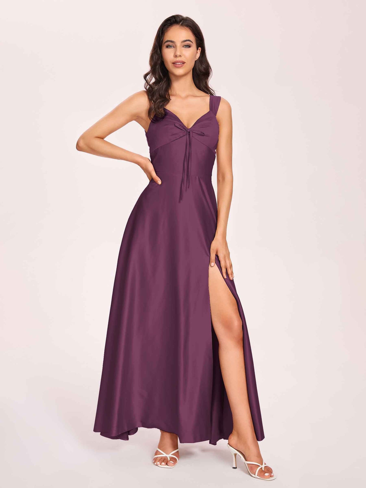 Satin V-neck A-line Prom Dresses Side slit Floor Length