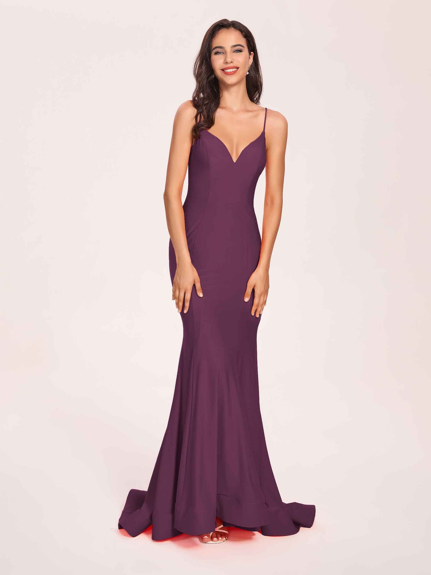 Sexy Satin Mermaid Prom Dresses Spaghetti Straps V-neck Floor Length Lace-up Back