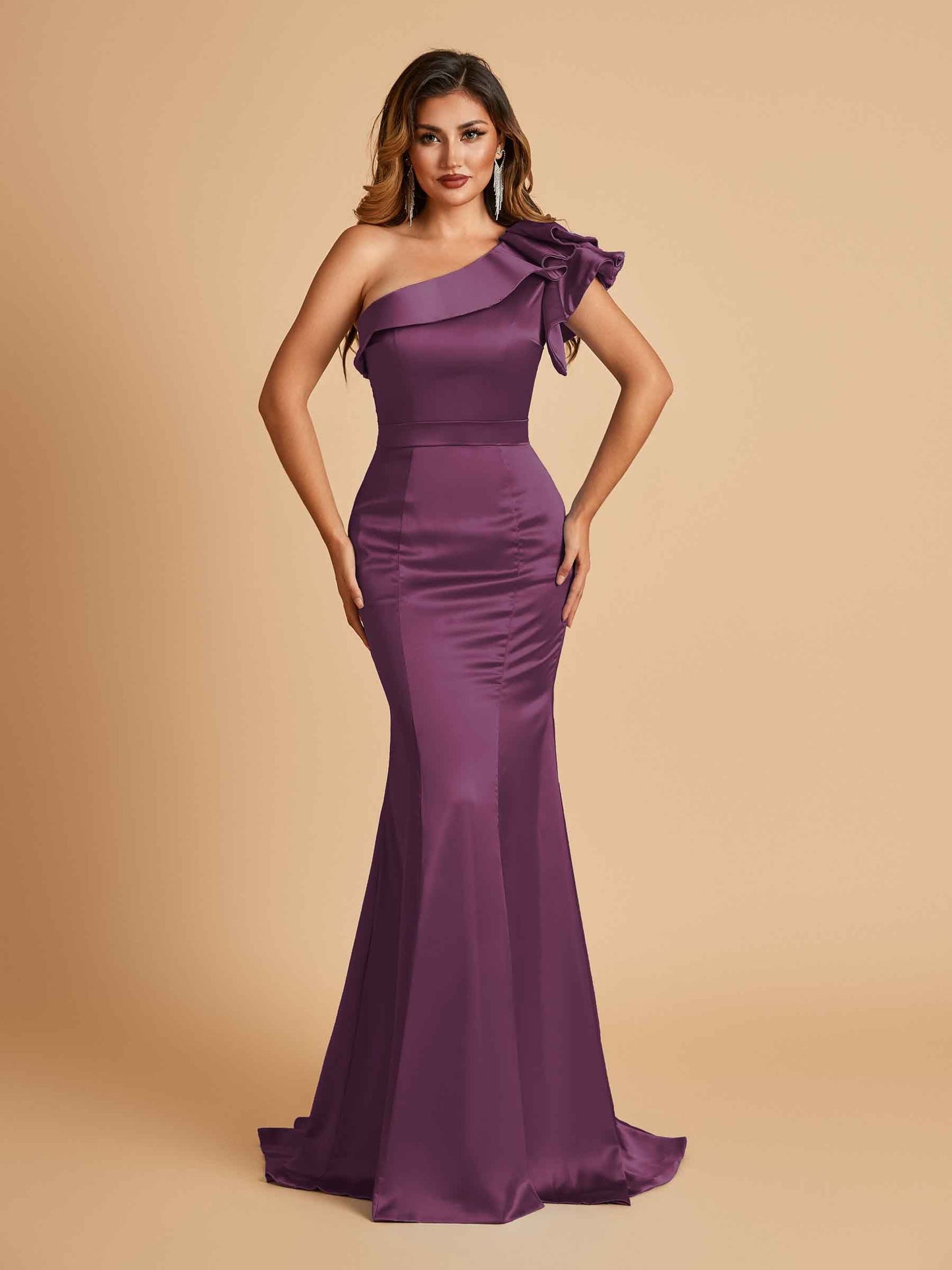 Satin One-shoulder Bridesmaid Dresses Ruffle Sleeves Mermaid Floor Length For Sale
