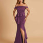 Satin Mermaid Off Shoulder Prom Dresses With Ruffles Side Slit Floor Length
