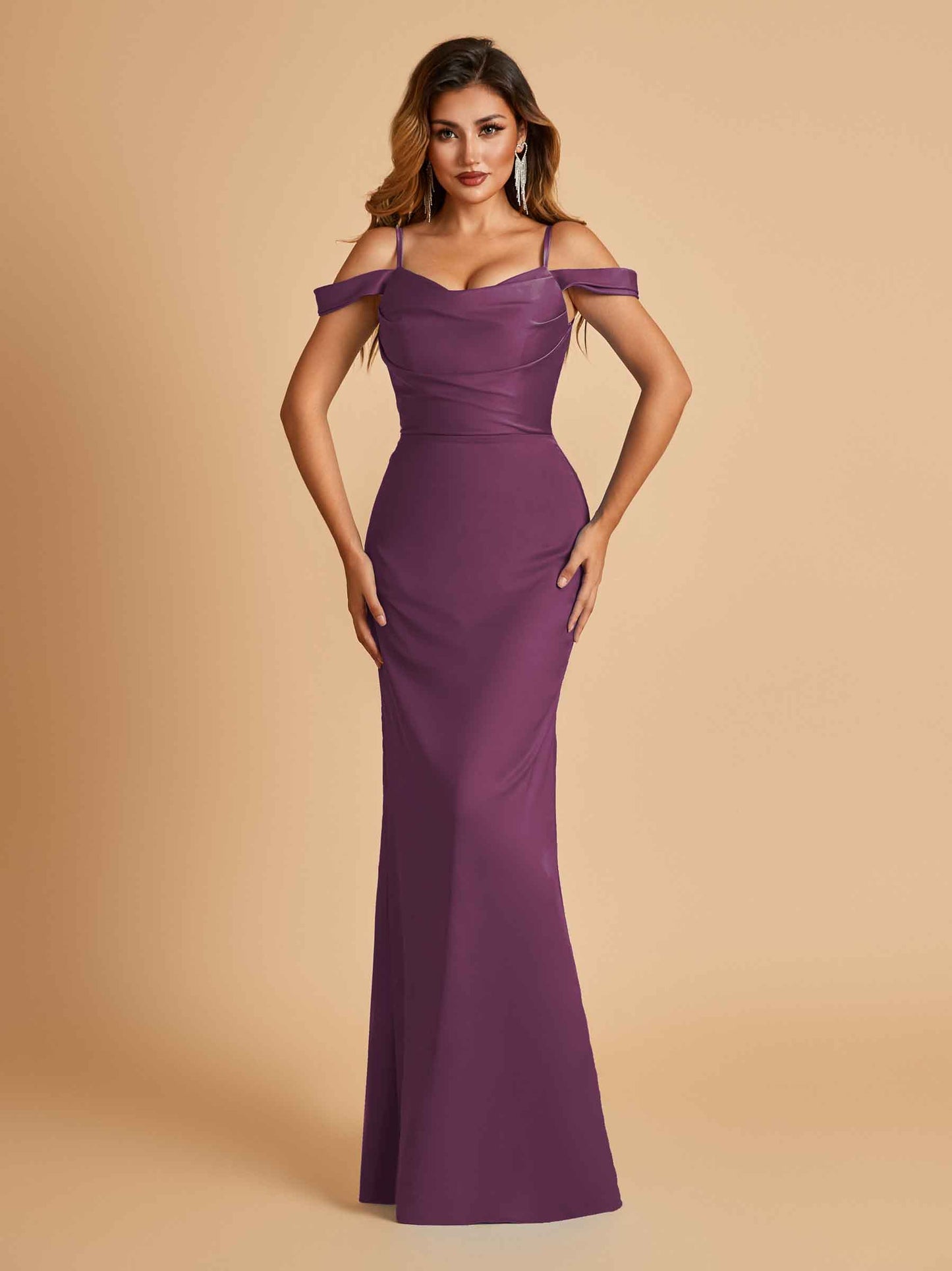 Sexy Off Shoulder Mermaid Long Bridesmaid Dresses Satin Spaghetti Straps Floor Length