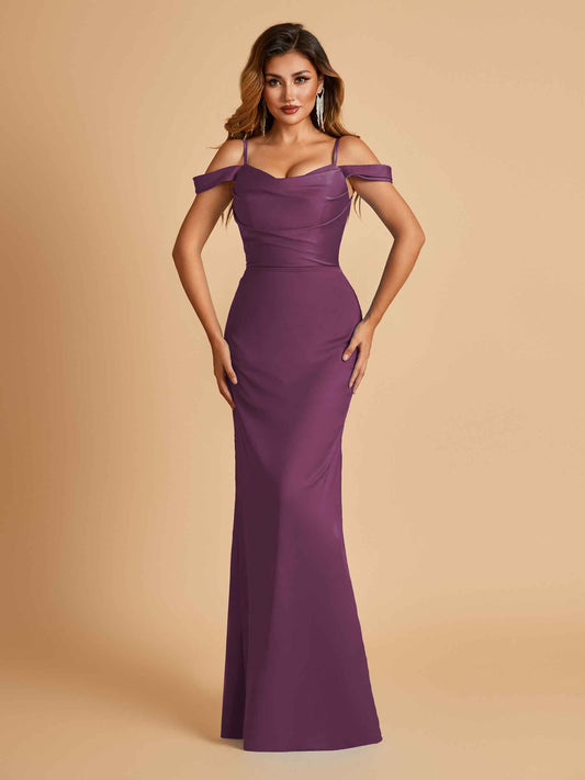 Sexy Off Shoulder Mermaid Long Bridesmaid Dresses Satin Spaghetti Straps Floor Length