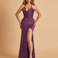 Sexy Satin Halter Straps Sheath Prom Dresses Side Slit Pleats Floor Length