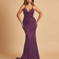 Satin Mermaid Open-back Prom Dresses Spaghetti Straps V-neck With Pleats Floor Length