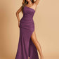 Sexy Strapless Long Prom Dresses Satin Side Slit Pleats Floor Length Sheath