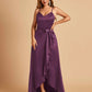 Satin Asymmetric V-neck Bridesmaid Dresses Sleeveless Side Slit A-line Unique For Sale