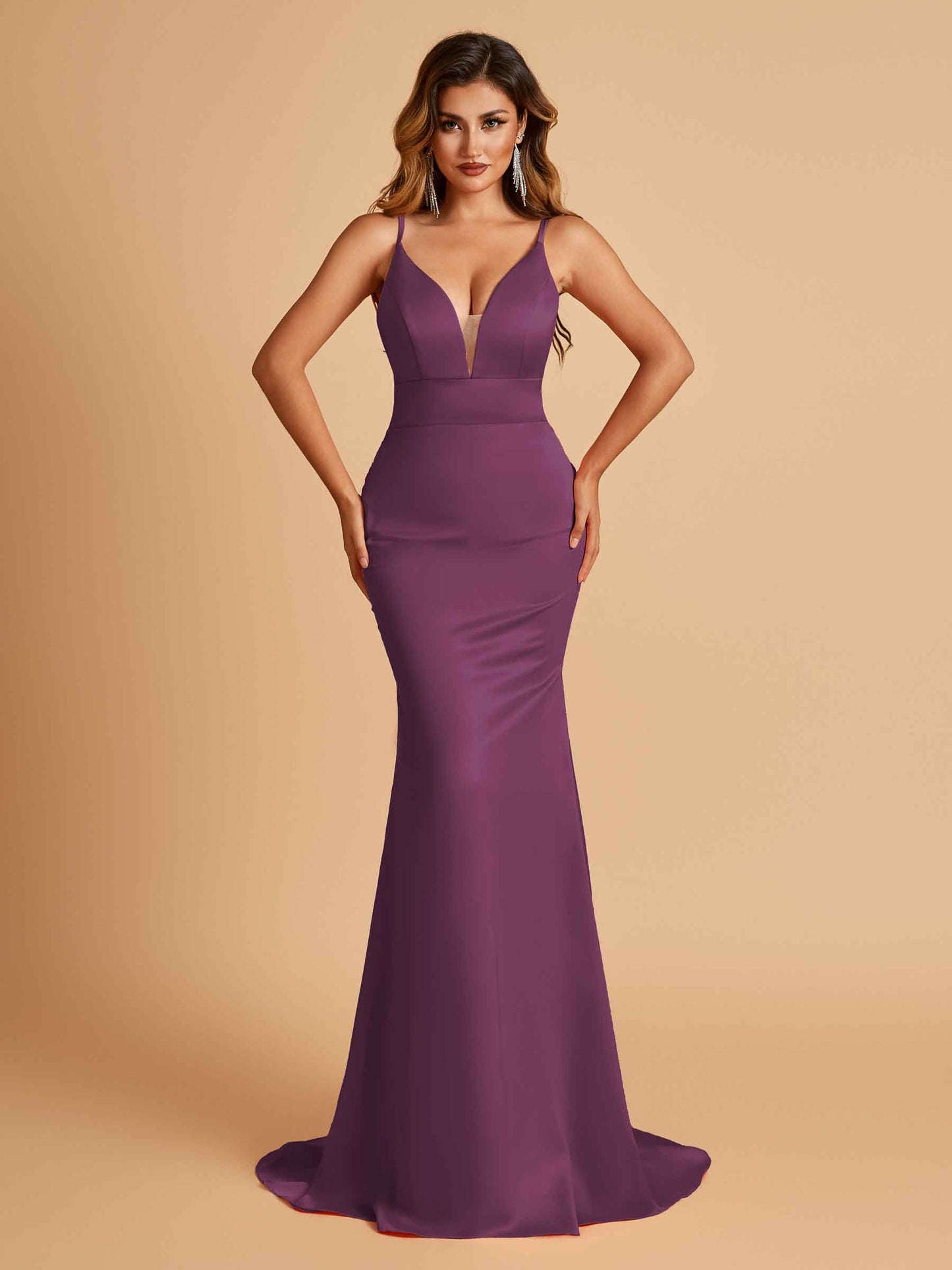 Satin Deep V-neck Mermaid Bridesmaid Dresses Open Back Floor Length