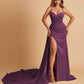 Sexy Satin Sheath Prom Dresses Spaghetti Straps Sweetheart Side Slit With Train