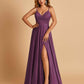 Satin A-line Long Prom Dresses Spaghetti Straps V-neck Side Slit Floor Length