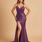 Satin Mermaid V-neck Prom Dresses Spaghetti Straps Side Slit Floor Length