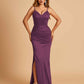 Satin Mermaid Long Bridesmaid Dresses Spaghetti Straps V-neck Side Slit Floor Length