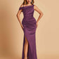 Unique Satin One Shoulder Prom Dresses Side Slit Half Open Back Floor Length