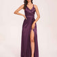 Sexy Satin A-line Prom Dresses Spaghetti Straps Side Slit V-neck Floor Length