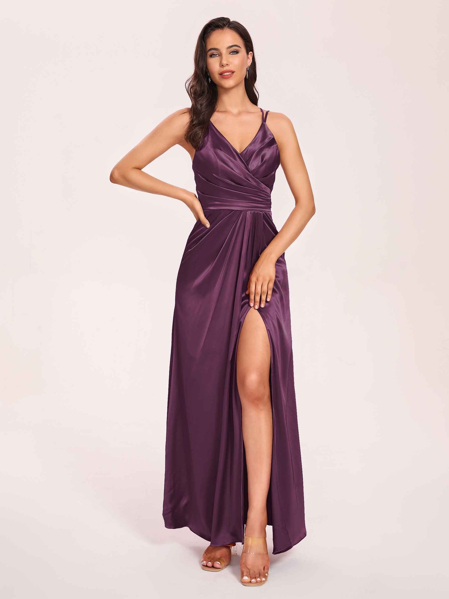 Sexy Satin A-line Prom Dresses Spaghetti Straps Side Slit V-neck Floor Length