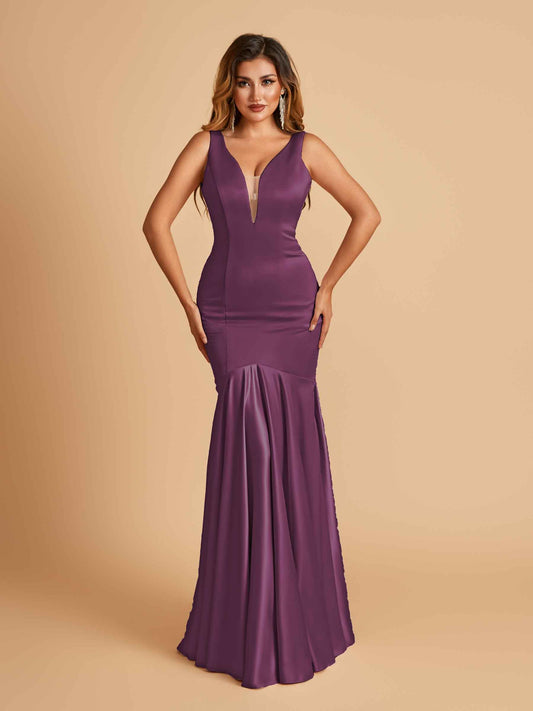 Satin Deep V-neck Mermaid Bridesmaid Dresses Half Open Back Floor Length