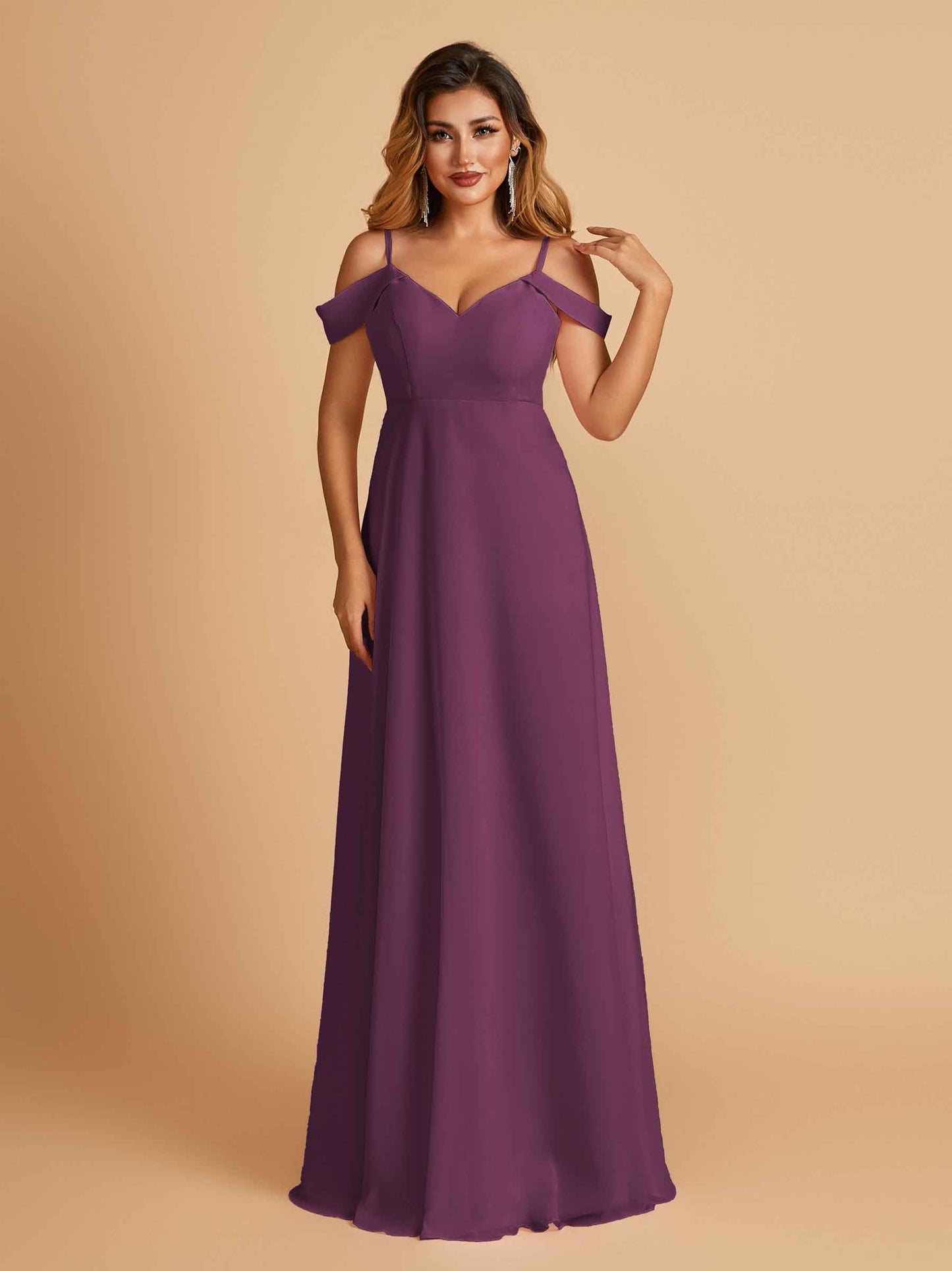 Chiffon Off-shoulder Long Bridesmaid Dresses V-neck Floor Length A-line For Sale