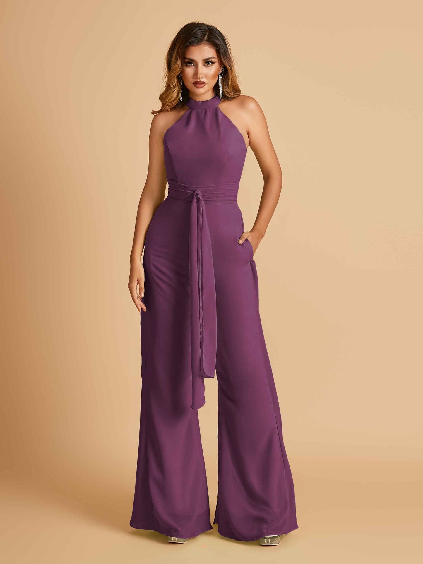 Chiffon Prom Jumpsuit Jewel Neck Sleeveless Floor Length With Pockets