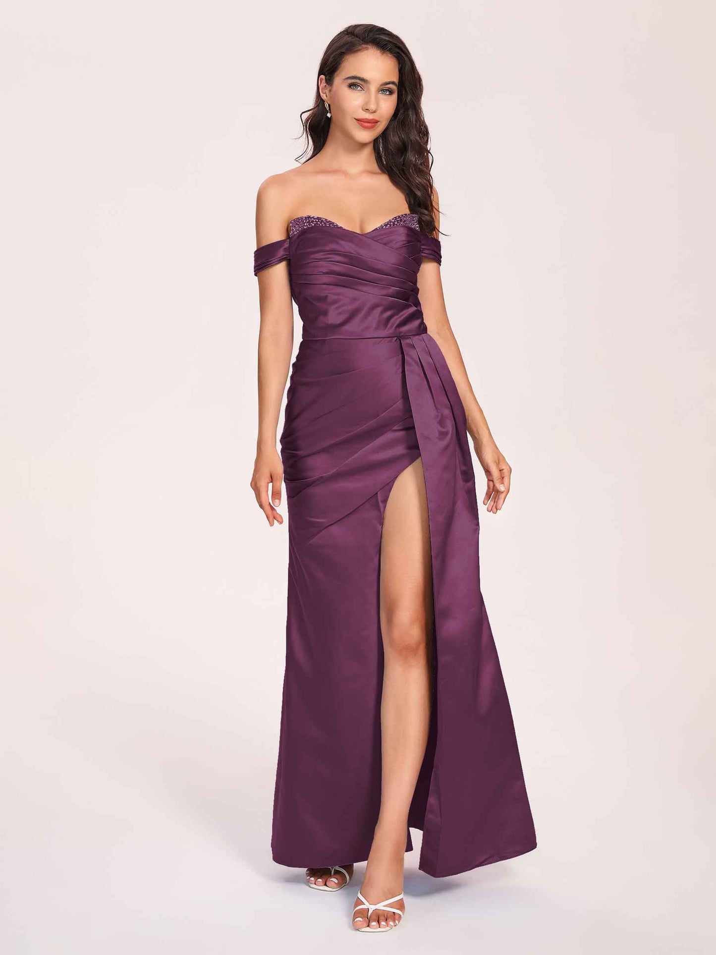 Elegant Satin Off Shoulder Prom Dresses Side-slit Sweetheart Floor Length Sheath