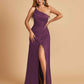 Satin One Shoulder Sheath Prom Dresses Spaghetti Straps Side Slit Floor Length