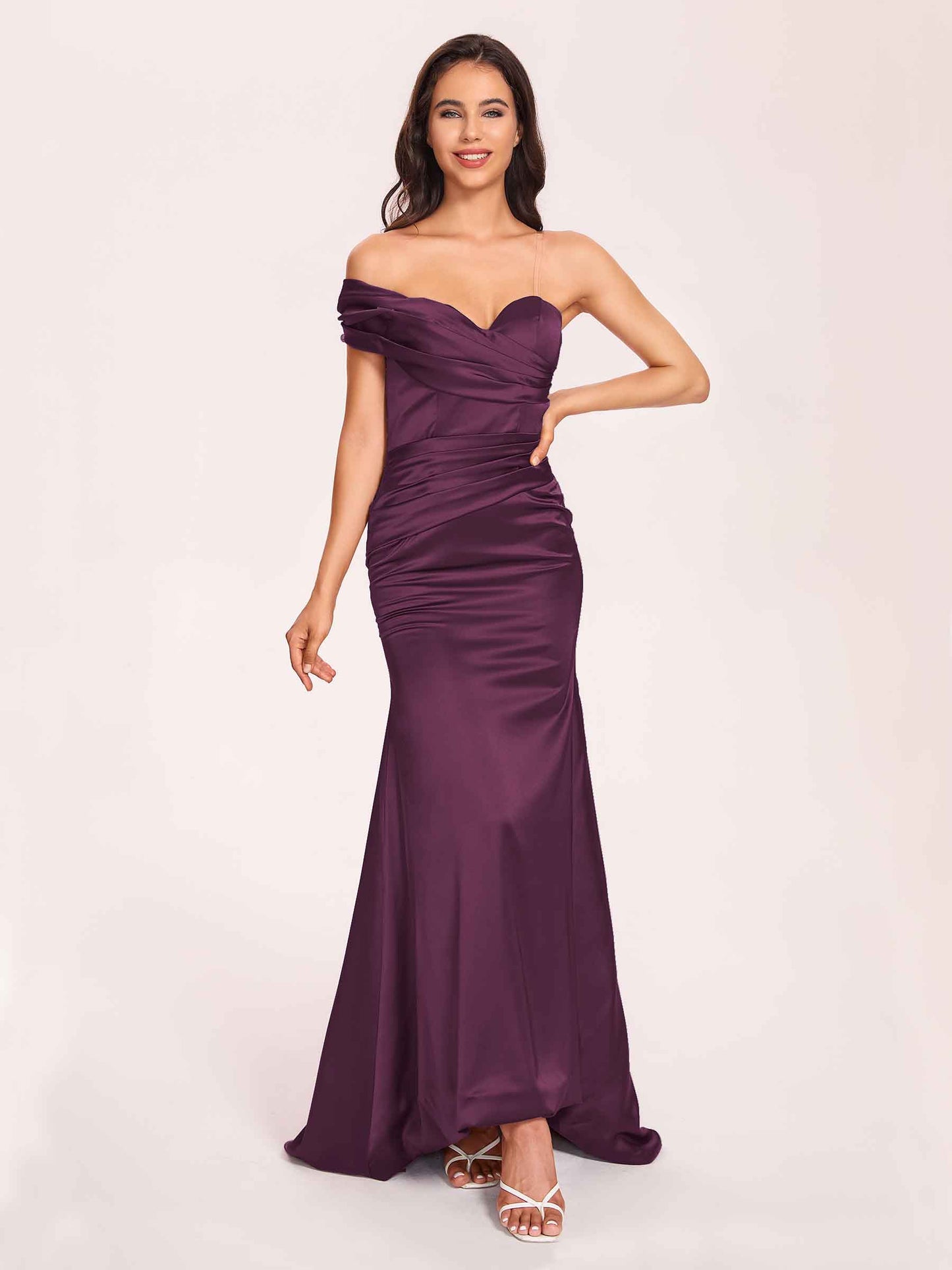 Satin One-shoulder Bridesmaid Dresses Pleats Floor Length Mermaid Long