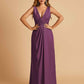 Sexy Satin Deep V-neck Long Bridesmaid Dresses A-line Pleats Sleeveless Floor Length