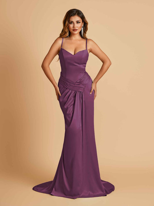 Satin Mermaid Sweetheart Bridesmaid Dresses Spaghetti Straps With Pleats Floor Length