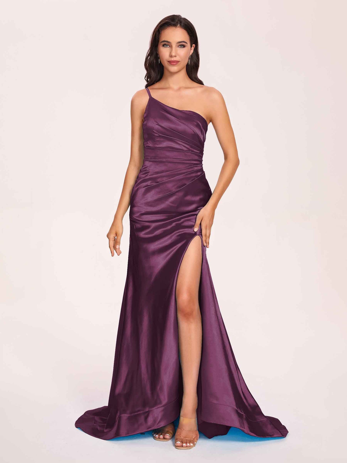 Satin One-shoulder Mermaid Prom Dresses Side Slit Pleats Floor Length