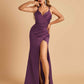 Satin Spaghetti Straps Long Prom Dresses V-neck Side Slit Criss-cross Back Sheath