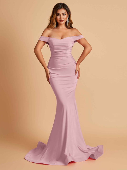 Jersey Mermaid Bridesmaid Dresses Off Shoulder Sweetheart Pleats Floor Length