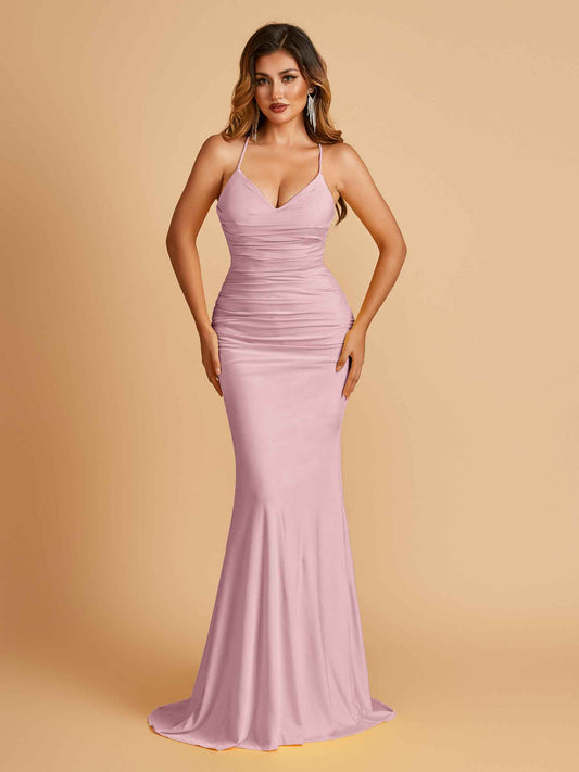Sexy Jersey Spaghetti Straps Bridesmaid Dresses V-neck Mermaid Criss-cross Back Floor Length