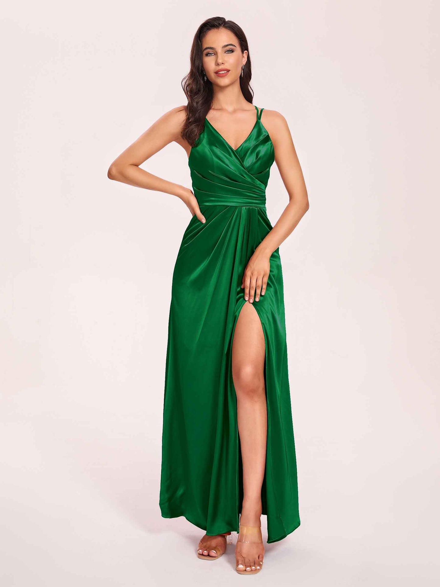 Sexy Satin A-line Bridesmaid Dresses Spaghetti Straps Side Slit V-neck Floor Length