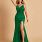 Sexy Satin Mermaid Prom Dresses Spaghetti Straps V-neck Side Slit Half Open Back
