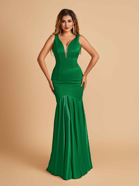 Satin Deep V-neck Mermaid Bridesmaid Dresses Half Open Back Floor Length