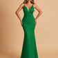 Satin Deep V-neck Mermaid Prom Dresses Open Back Floor Length