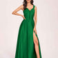 Satin V-neck A-line Prom Dresses Side slit Floor Length