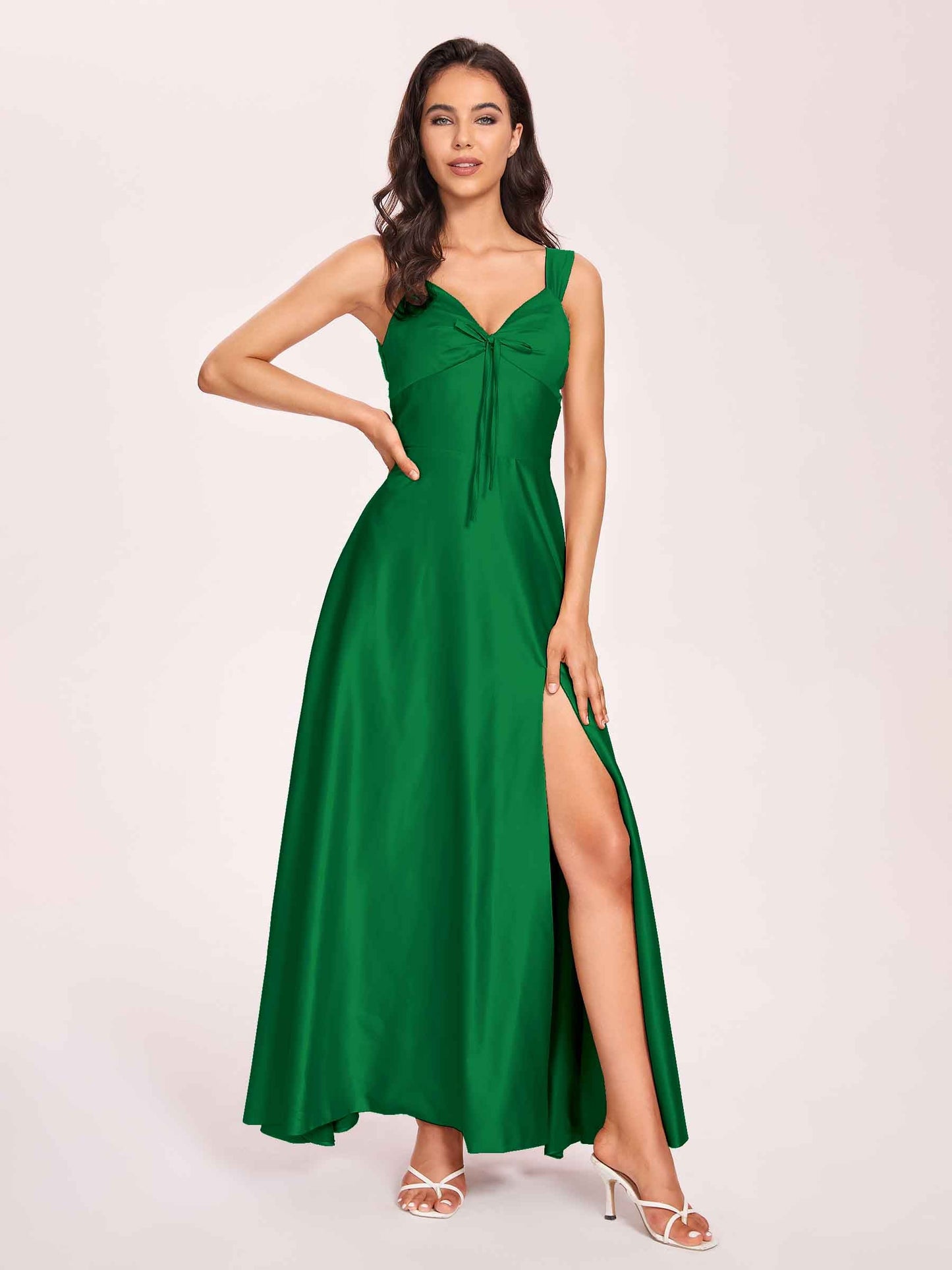 Satin V-neck A-line Prom Dresses Side slit Floor Length