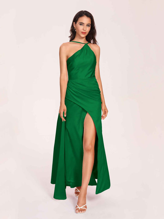 Sexy Satin Halter Strap Sheath Bridesmaid Dresses Side Slit Pleats Floor Length