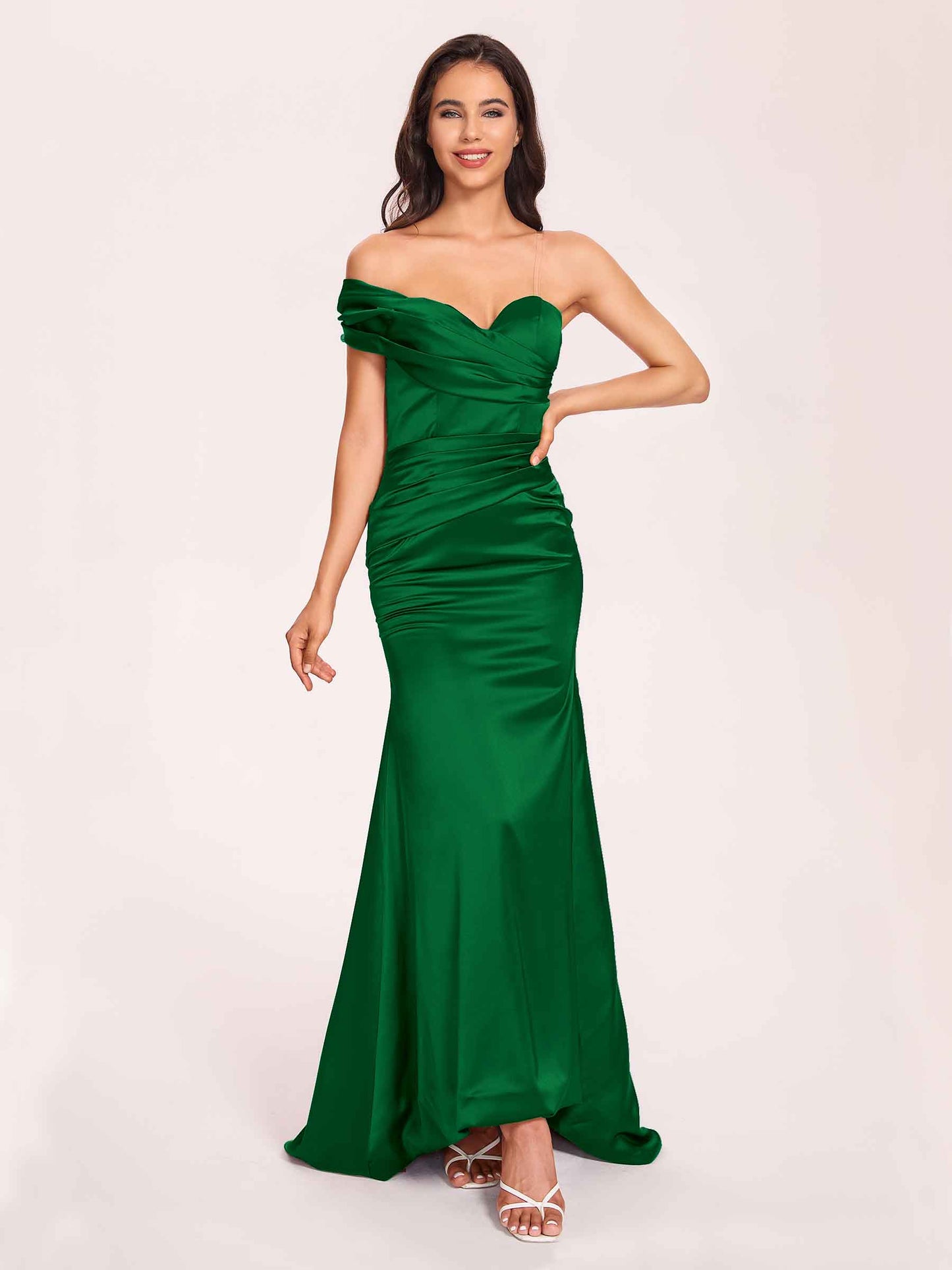 Satin One-shoulder Bridesmaid Dresses Pleats Floor Length Mermaid Long