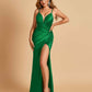 Sexy Satin Spaghetti Straps Bridesmaid Dresses V-neck Side Slit Pleats Floor Length Sheath