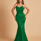 Sexy Satin Mermaid Prom Dresses Spaghetti Straps Scoop Criss-cross Back