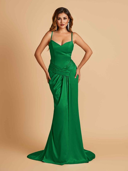 Satin Mermaid Sweetheart Bridesmaid Dresses Spaghetti Straps With Pleats Floor Length