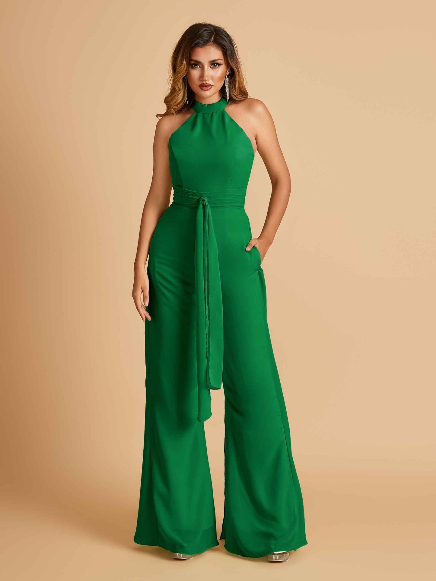 Chiffon Prom Jumpsuit Jewel Neck Sleeveless Floor Length With Pockets