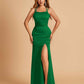 Satin Mermaid Long Bridesmaid Dresses Spaghetti Straps Scoop Side Slit Criss-cross Back