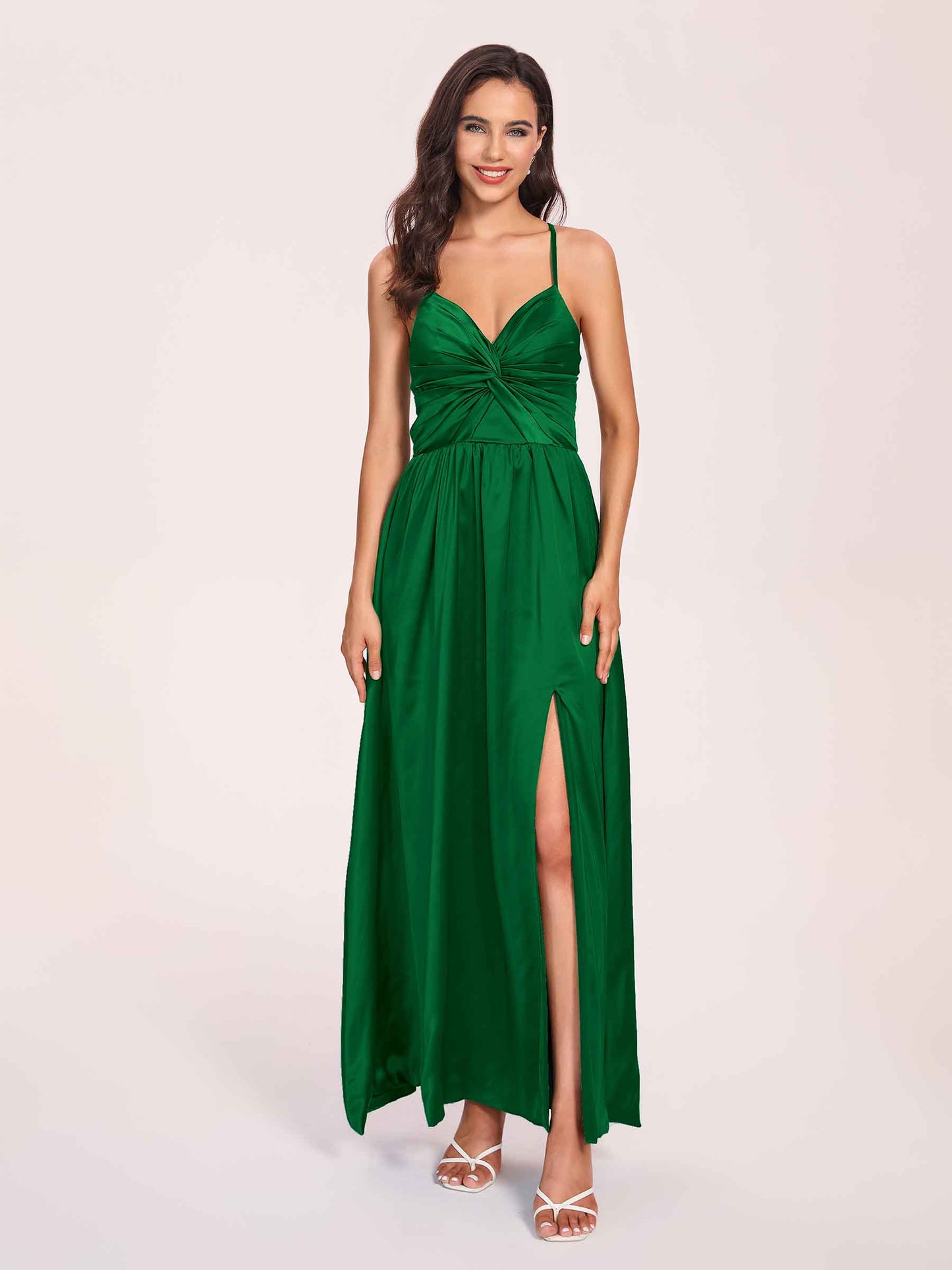 Satin Spaghetti Straps A-line Bridesmaid Dresses Side Slit Floor Length