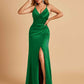 Sexy Satin Sheath Bridesmaid Dresses Spaghetti Straps V-neck Side Slit Pleats Floor Length